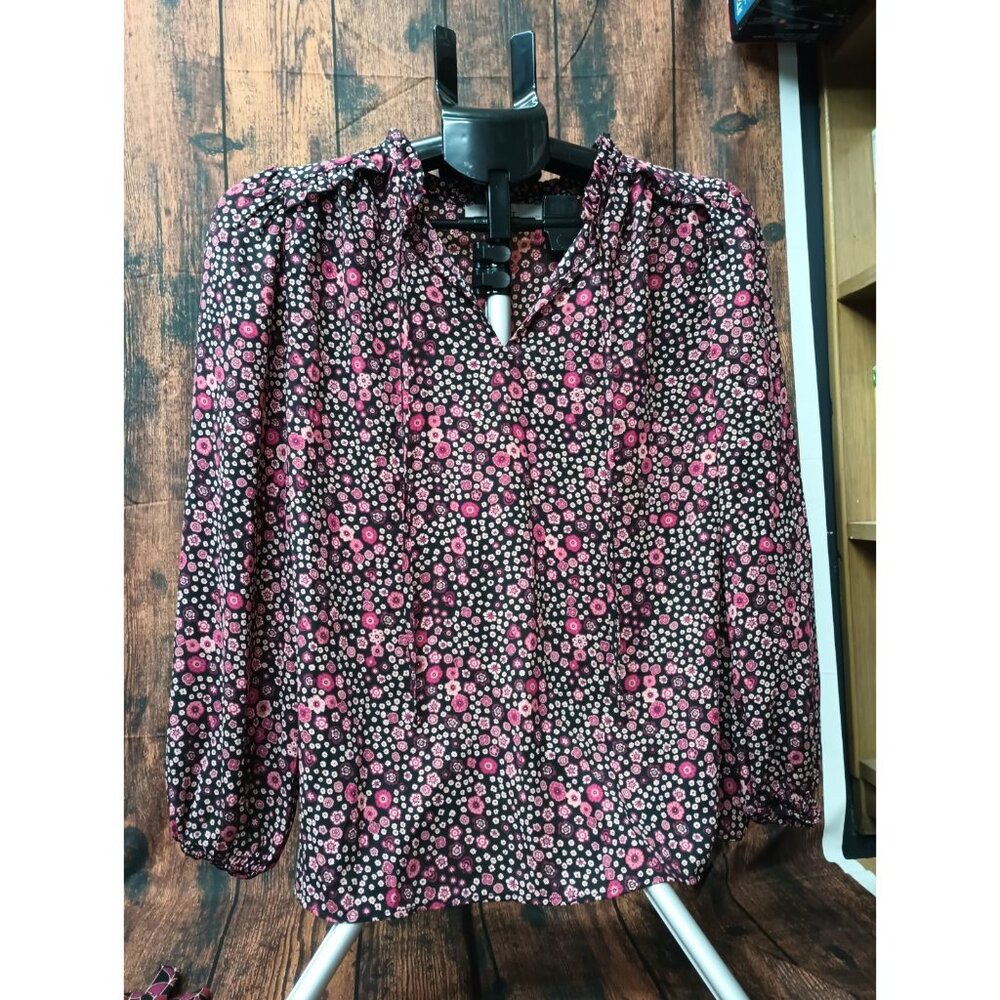 Womens Ann Taylor Loft Black Berry Floral Long Sleeve Dress Blouse Size Medium